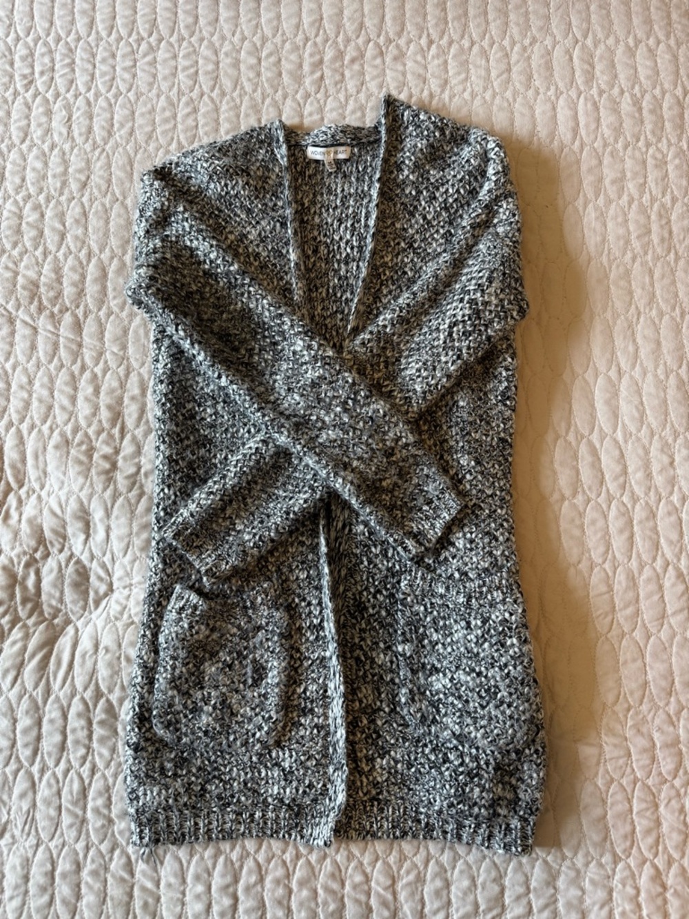 Woven Heart Marled Gray Open-Front Knit Cardigan